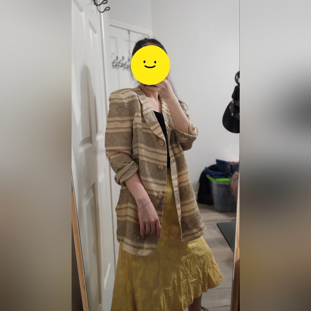 Vintage Tan Striped Blazer with Padded Shoulder